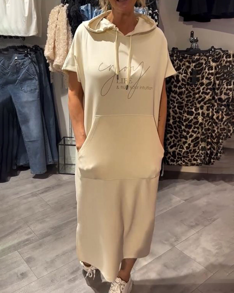 Long hooded dress, cream, short sleeves, front pocket and drawstring hood