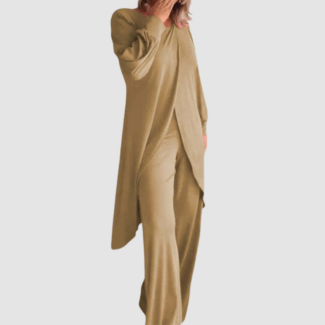 Laine™ longline top and trousers set, khaki with draped front