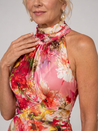 Halter neck floral maxi dress neckline with ruched drape in pink and red tones
