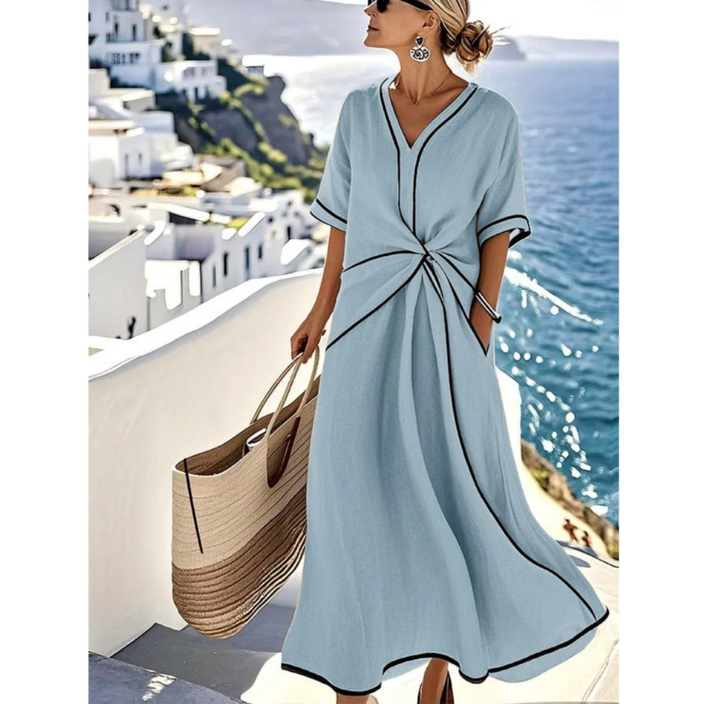 Blue summer maxi dress with V-neck and black trim, short sleeves, knotted front twist