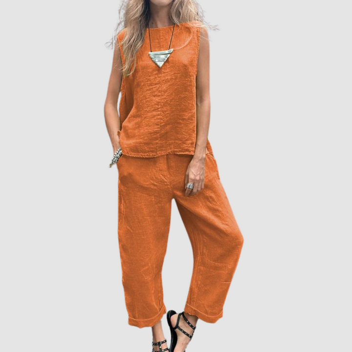 Lightweight two-piece summer set in orange: sleeveless top and cropped drawstring pants.