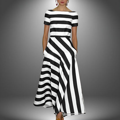 Striped maxi dress with short sleeves and boat neckline; black-and-white stripe pattern