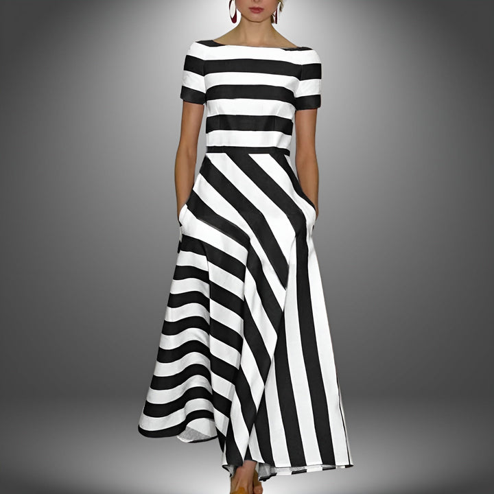Striped maxi dress with short sleeves and boat neckline; black-and-white stripe pattern