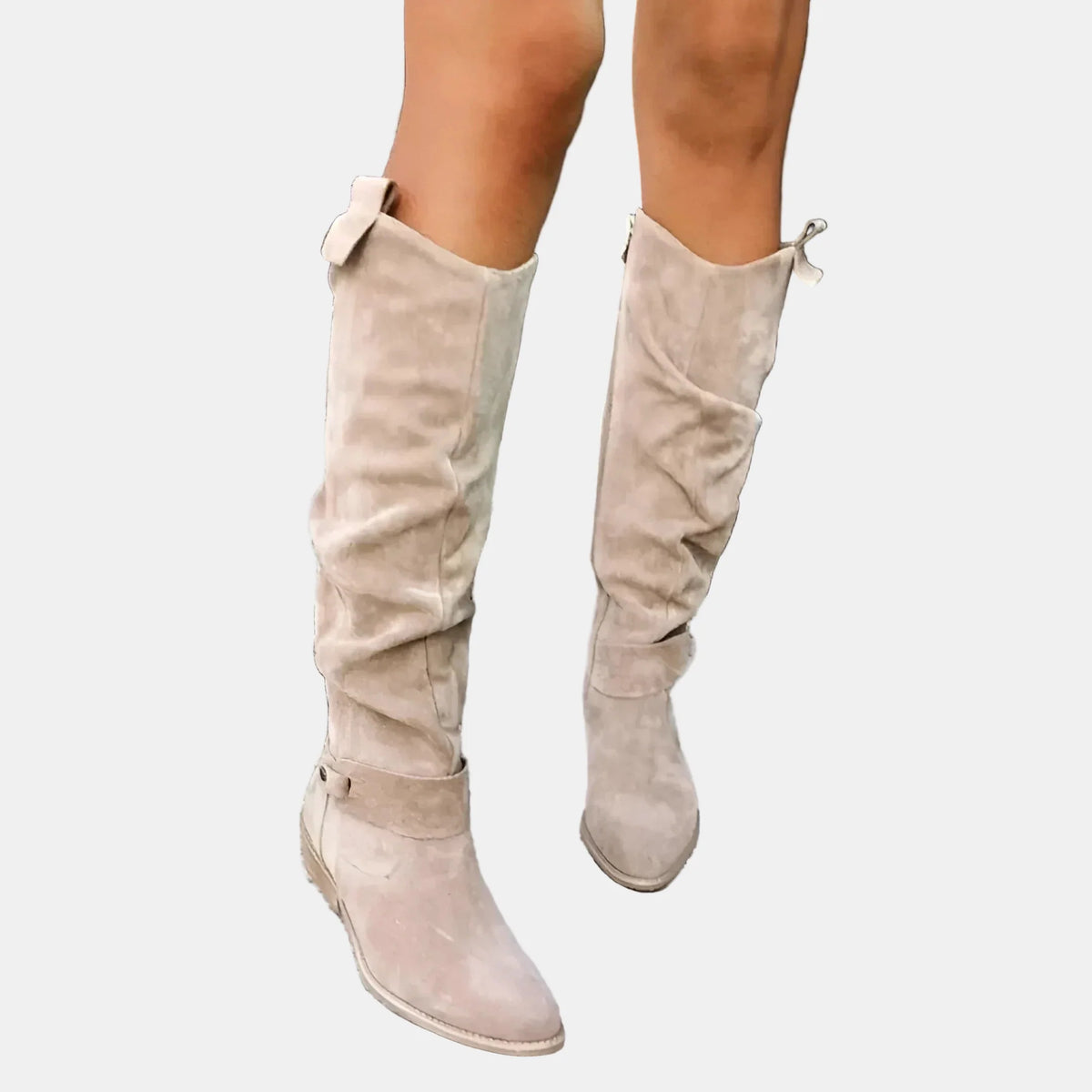 Light beige suede low-heeled mid-calf boots with side zip and buckle strap