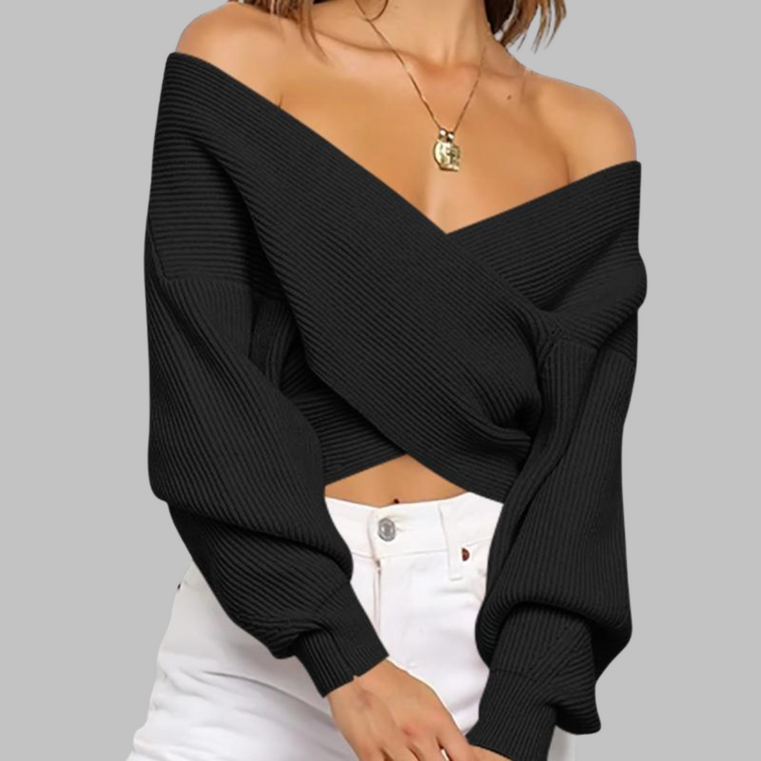 Black wrap-front V-neck sweater with long sleeves and cross-front twist