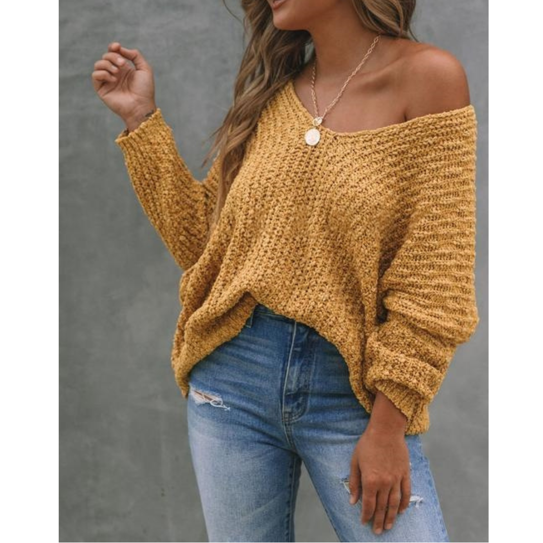 Lightweight knit sweater, mustard yellow, wide off-shoulder neckline and long sleeves
