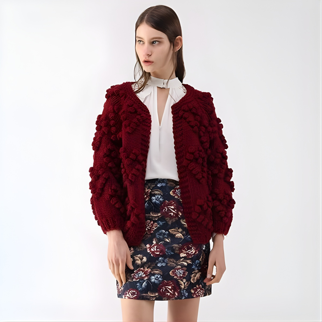 Cozy long sleeve open-front cardigan, burgundy textured pom-pom knit