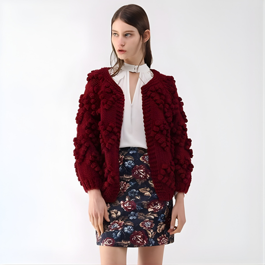 Cozy long sleeve open-front cardigan, burgundy textured pom-pom knit