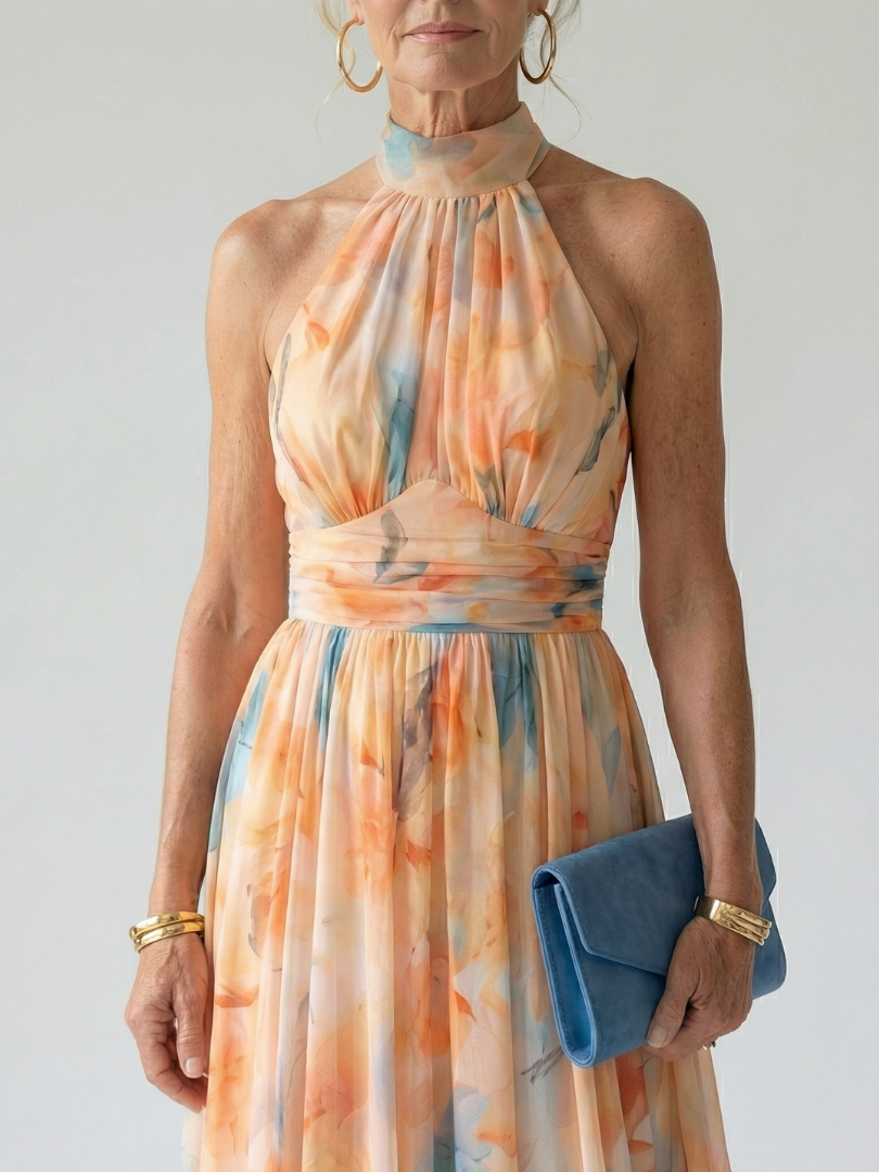 Soft halter midi dress with watercolor print, high halter neckline, ruched waist