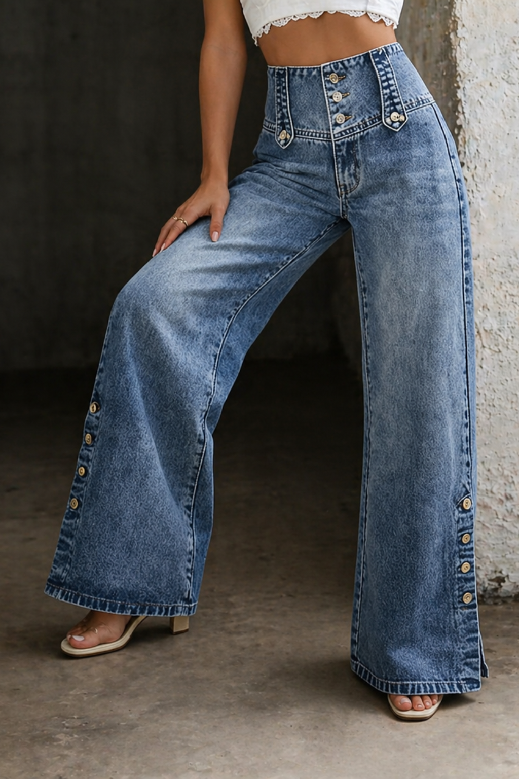 High-waist blue wide-leg denim jeans with side button tabs and flared hem