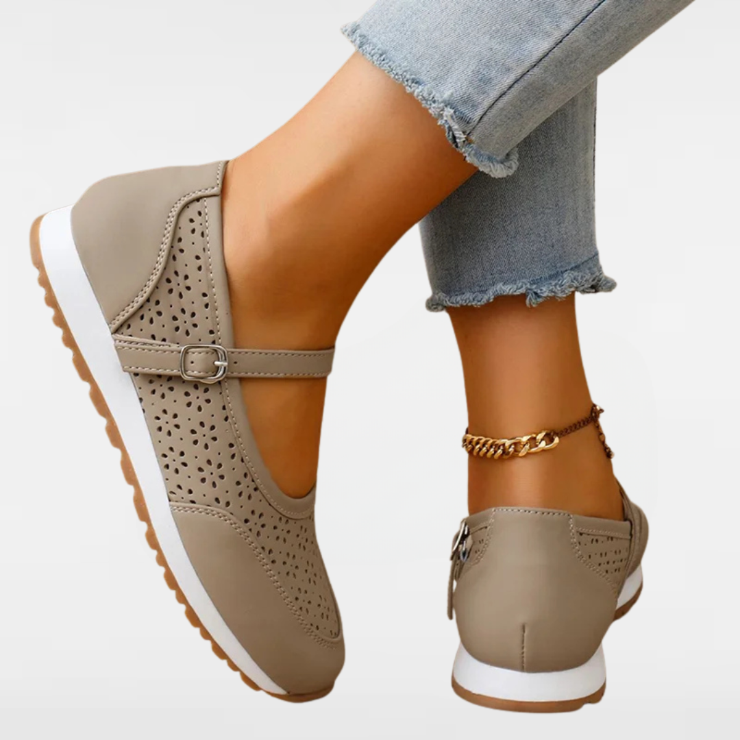Women's beige perforated Mary Jane sneakers with buckle strap and soft rubber sole
