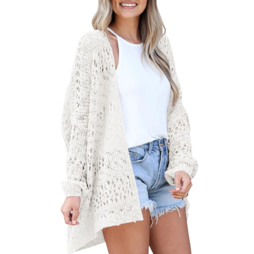 White open-knit oversized boho summer cardigan, long sleeves, fringe hem