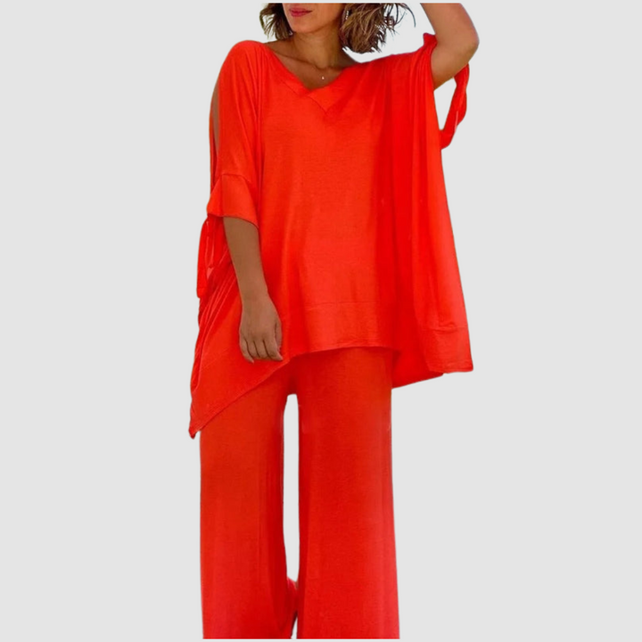Zinnia™ relaxed style set in orange: V-neck tunic with side drape and wide-leg pants