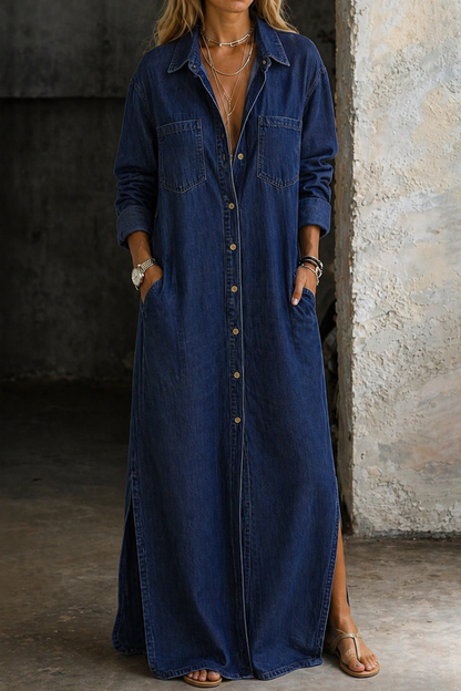 Dark blue button-down shirt dress with collar, chest pockets, long sleeves, side slit