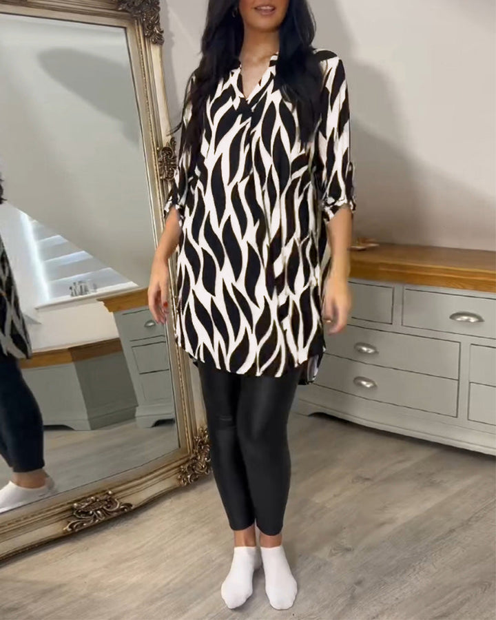 ALEXANDRA™ women’s printed loose-fit top, black base with white abstract zebra pattern, V-neck