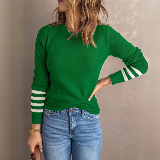 Green casual striped long sleeve round-neck sweater with ribbed striped cuffs.