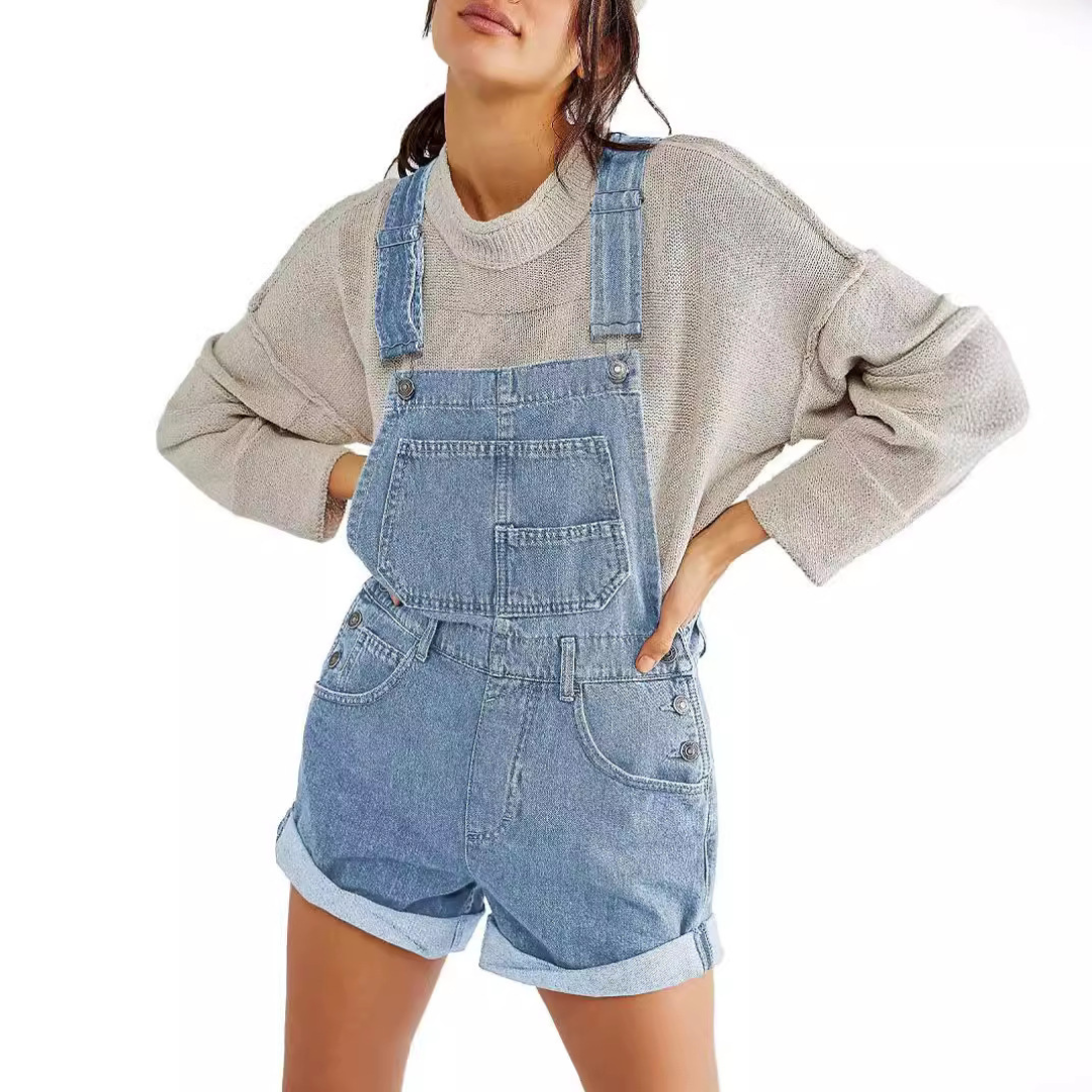 Light blue denim overall shorts with adjustable straps and large chest patch pocket