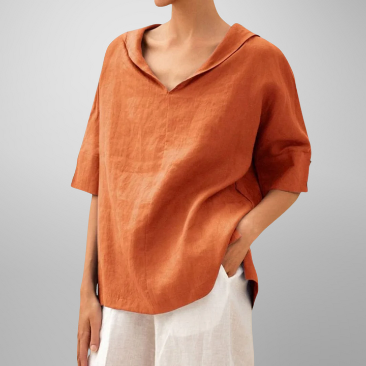 Women’s loose cotton blouse, orange, V-neck with hooded collar, short sleeves