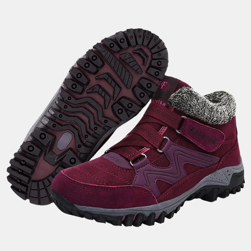 Maroon orthopedic shoes with hook-and-loop straps and padded fuzzy collar