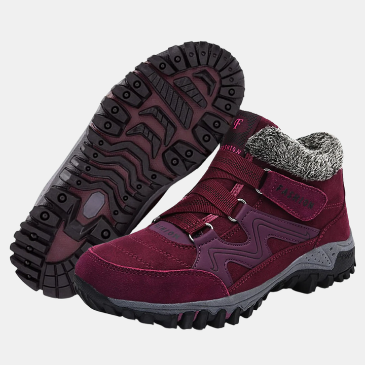 Maroon orthopedic shoes with hook-and-loop straps and padded fuzzy collar