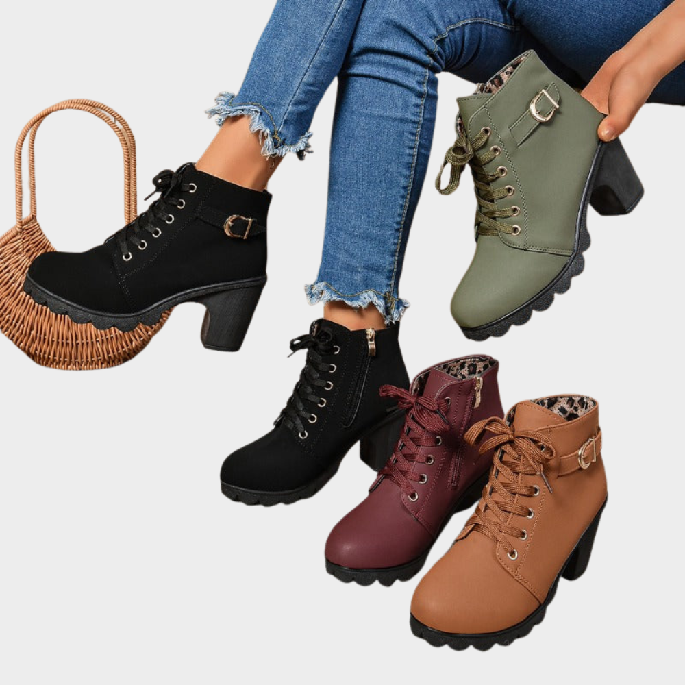 Set of block-heel ankle boots in black, green, burgundy, and tan.