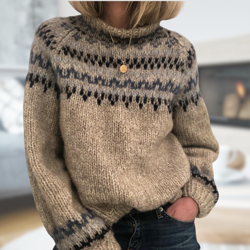 Fair Isle knit sweater with high neck, long sleeves, dark and beige pattern