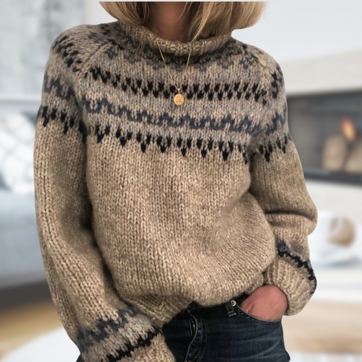Fair Isle knit sweater with high neck, long sleeves, dark and beige pattern