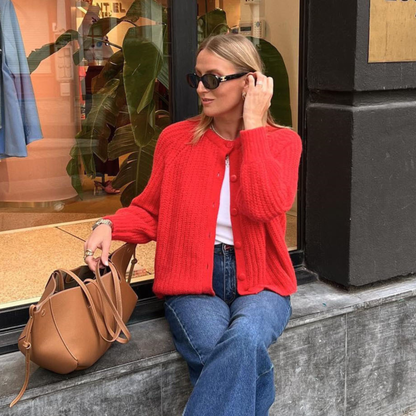 Red button-front round-neck long-sleeve cardigan with ribbed knit texture