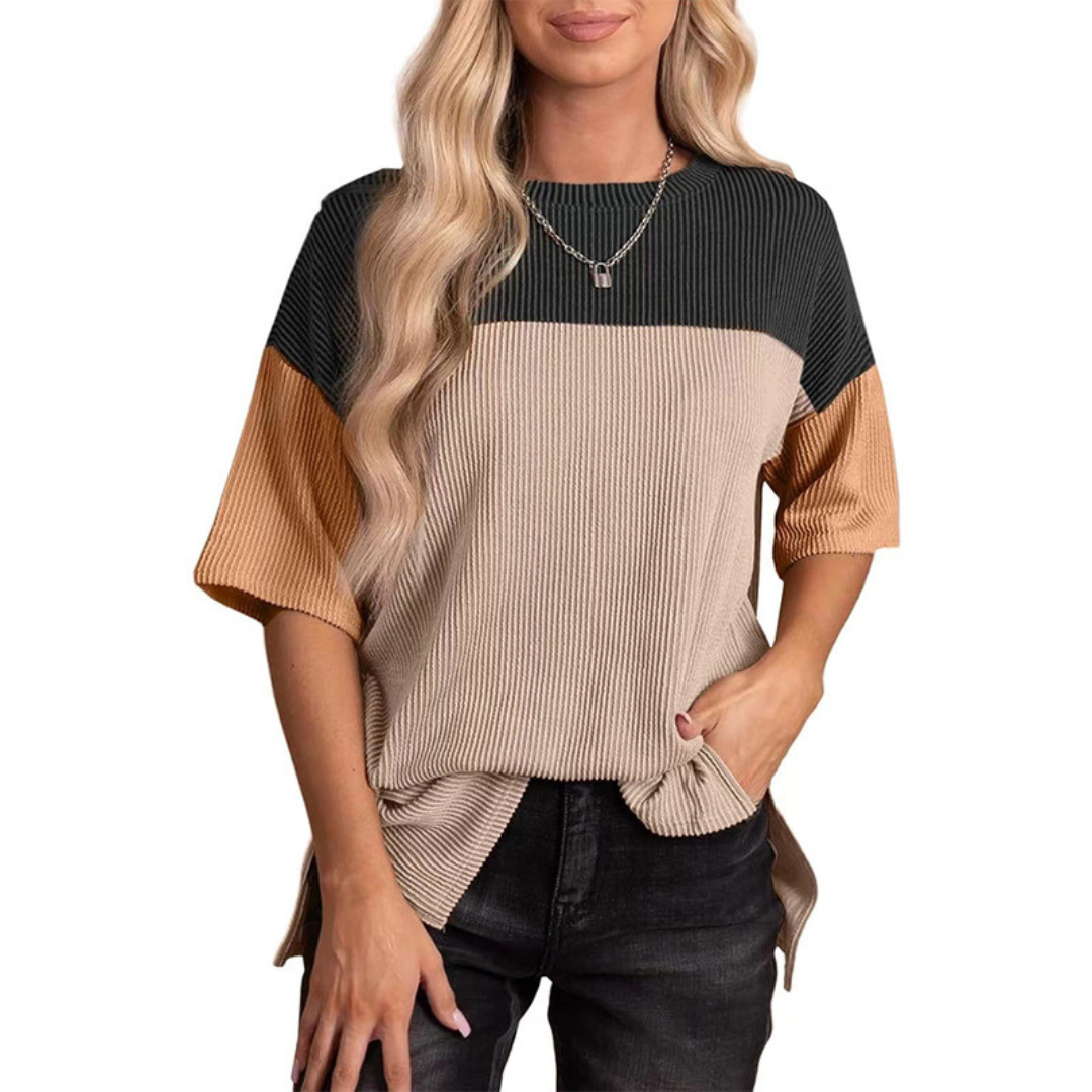 Black and beige color-block striped summer top, ribbed round neck, short sleeves