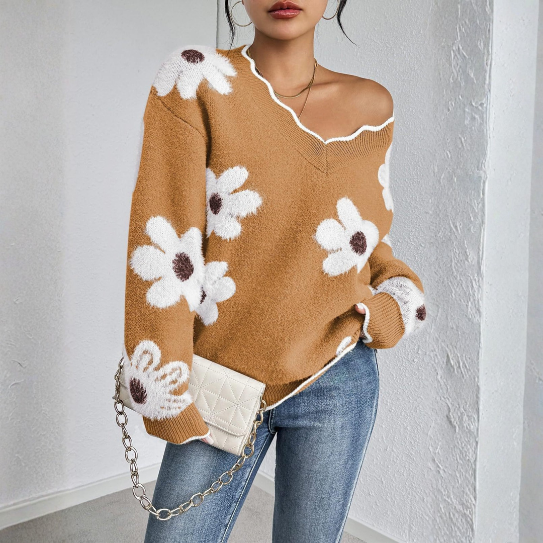 Orange drop-shoulder long-sleeve V-neck sweater with white flower appliques