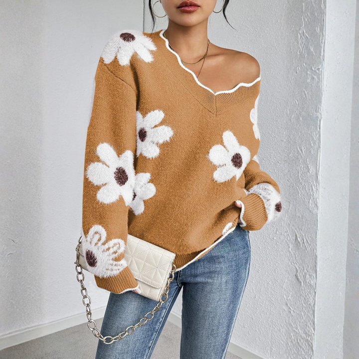 Orange drop-shoulder long-sleeve V-neck sweater with white flower appliques