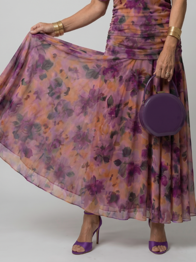 Purple off-shoulder flow midi dress skirt with floral print and flowing chiffon