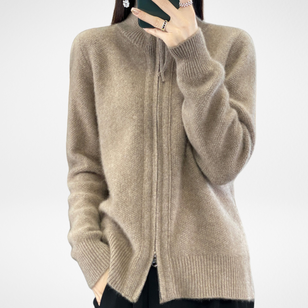 Khaki zip-front knit sweater with ribbed turtleneck and cuffs