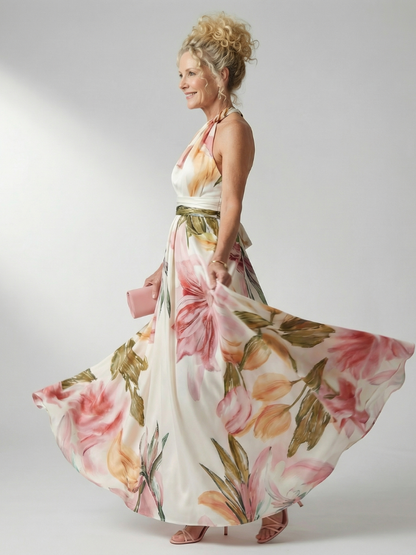 Amiel light floral maxi dress in pink and white floral print, halter neck, flowing skirt