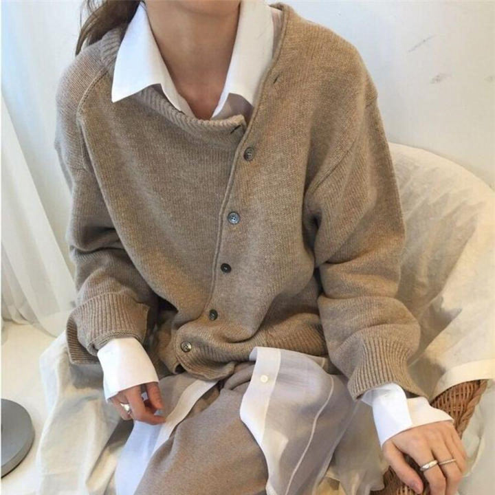 Khaki asymmetric button cardigan with button placket and ribbed cuffs