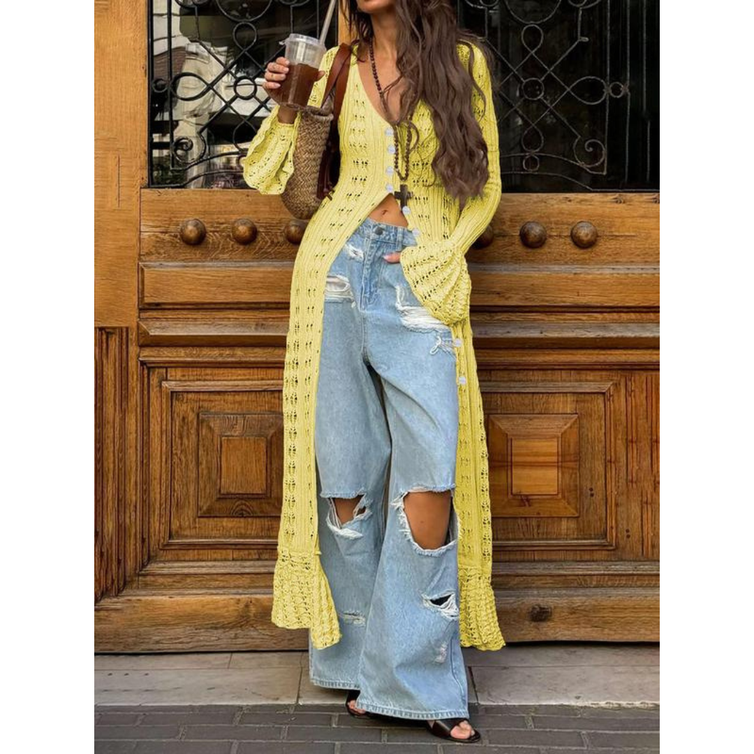 Yellow fitted cardigan with flounce sleeves and button front