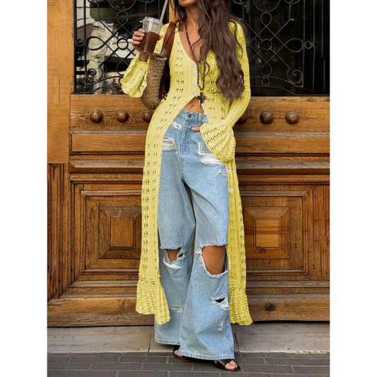 Yellow fitted cardigan with flounce sleeves and button front
