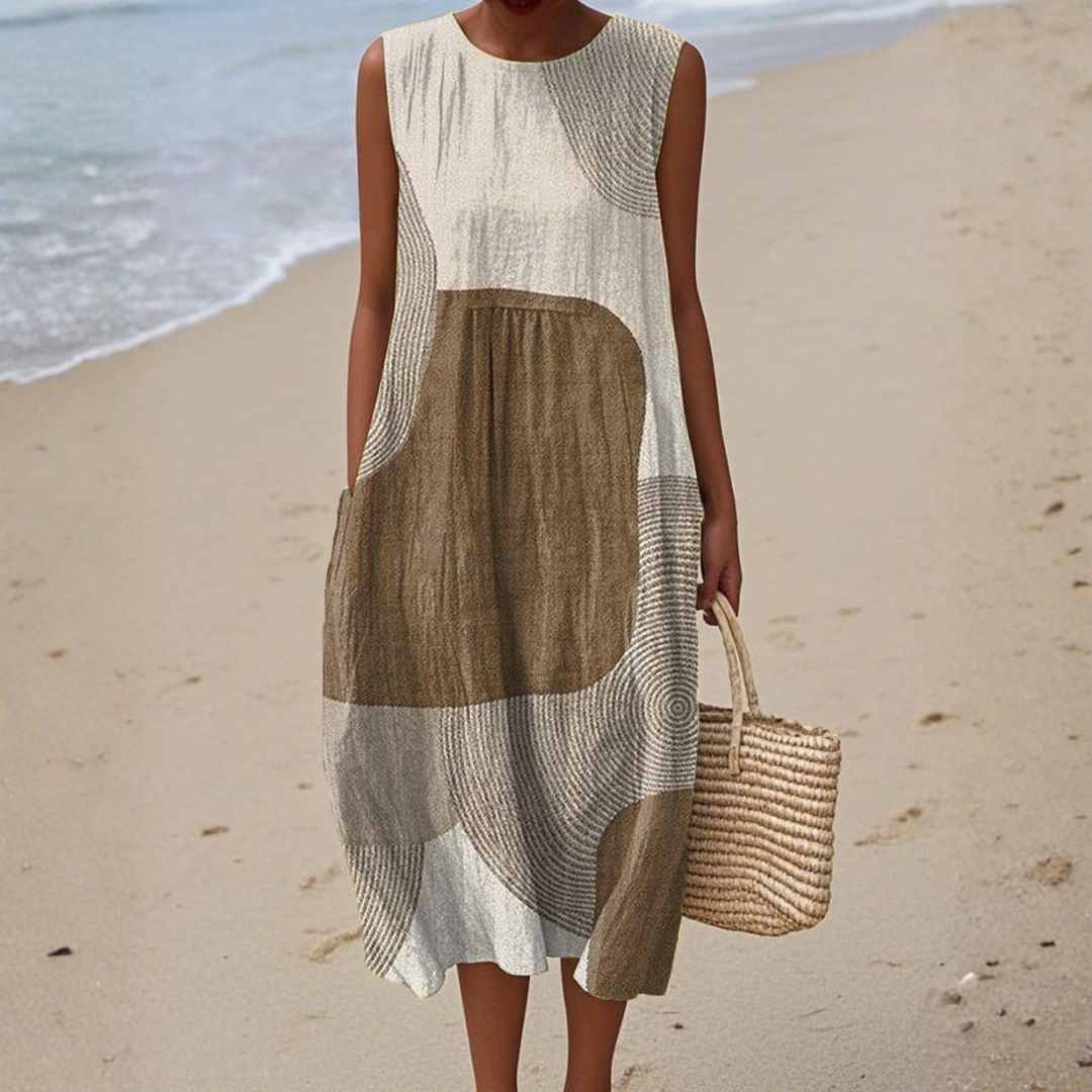 Abstract summer dress, sleeveless round neck, light gray and brown abstract patch