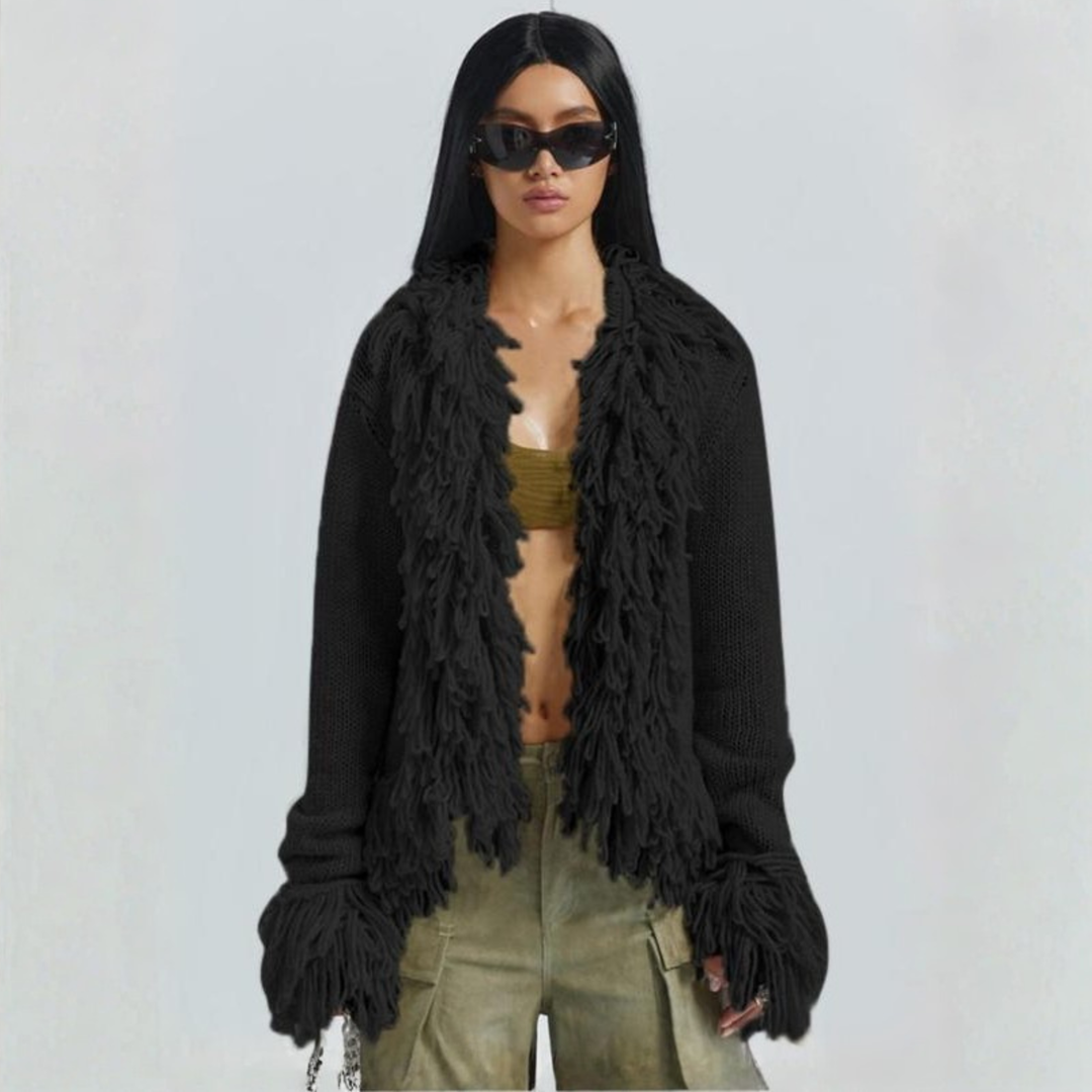 Black open-front long sleeve cardigan with layered fringe trim
