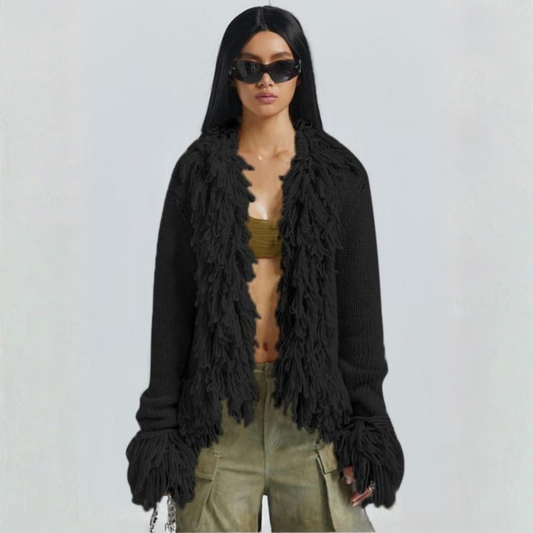 Black open-front long sleeve cardigan with layered fringe trim