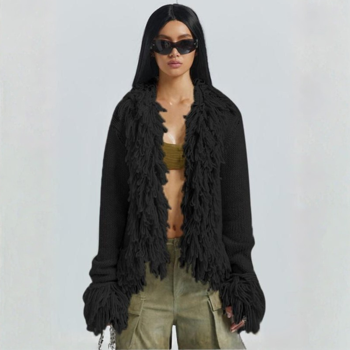 Black open-front long sleeve cardigan with layered fringe trim