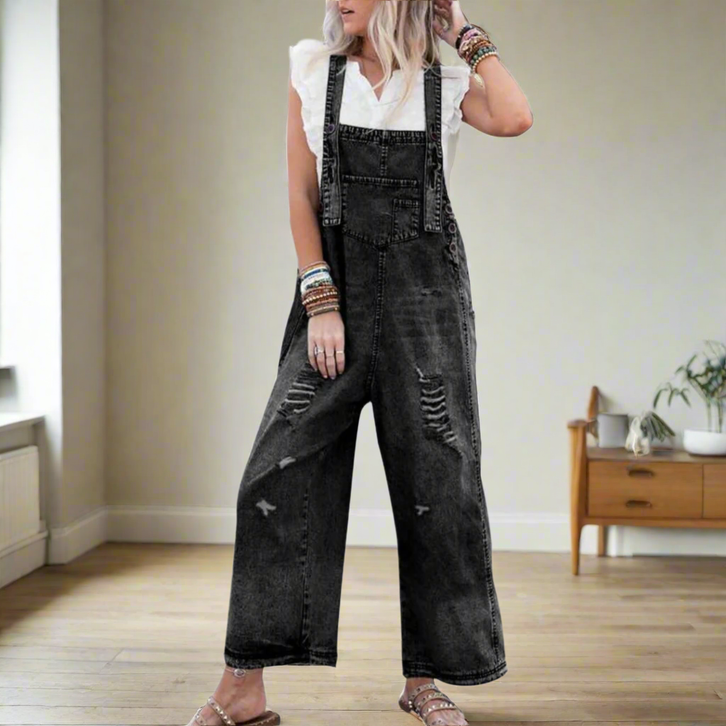 Vintage-wash denim adjustable jumpsuit, dark charcoal with bib pocket and wide legs