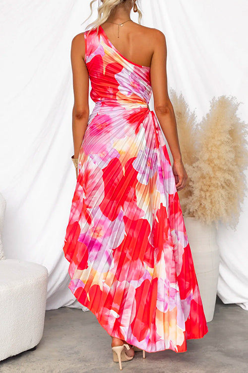 Red one-shoulder maxi dress with watercolor floral print and gathered knot detail