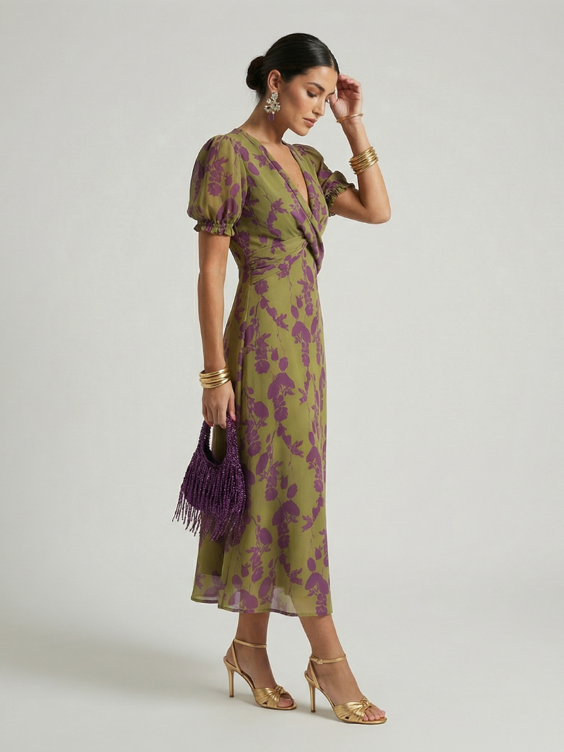 Floral midi dress with V-neck wrap, short puff sleeves, and tie waist; holding a small bag