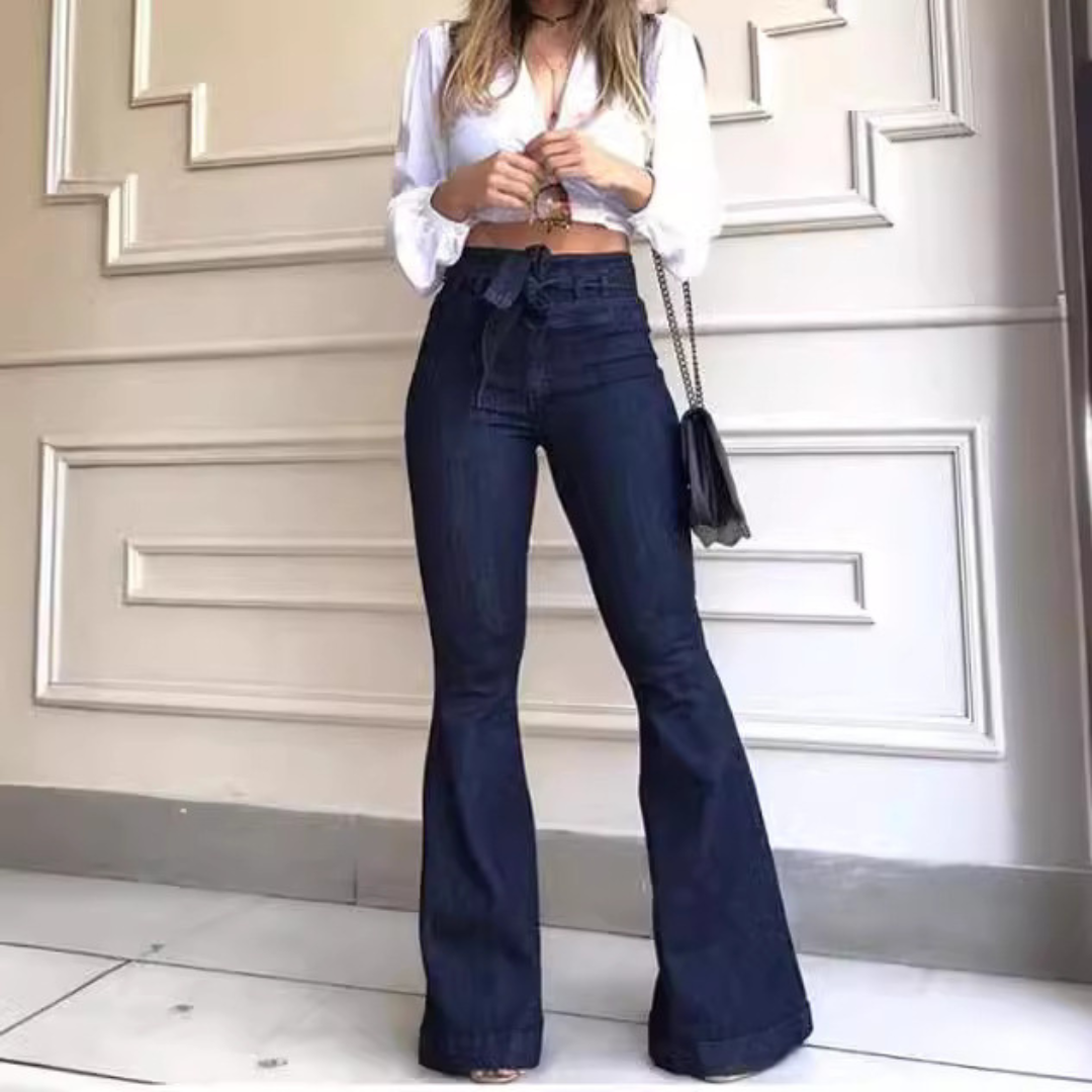 Dark blue vintage wide-leg lace-up flared jeans, high-rise with front eyelets