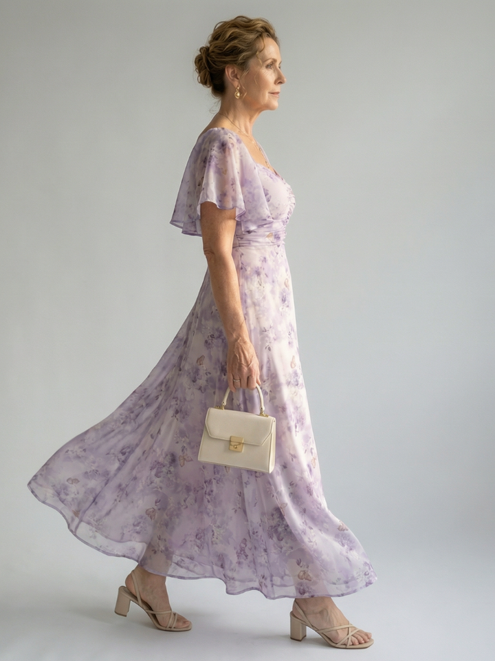 Floral lavender midi dress with flutter sleeves, ruched bodice, and flowing A-line skirt