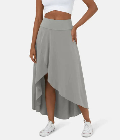 Light gray asymmetric midi skirt with layered drape hem