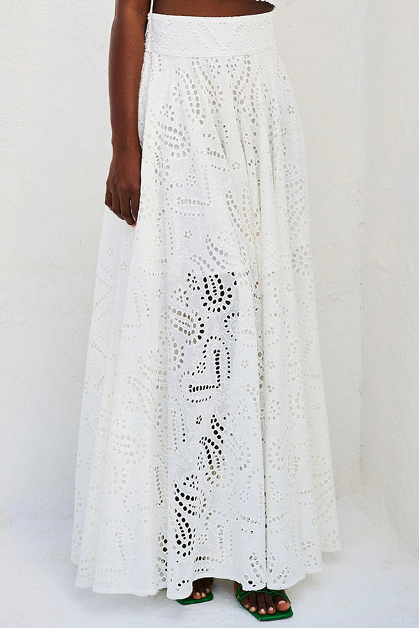 White embroidered high-waist maxi skirt with scalloped eyelet pattern, part of set