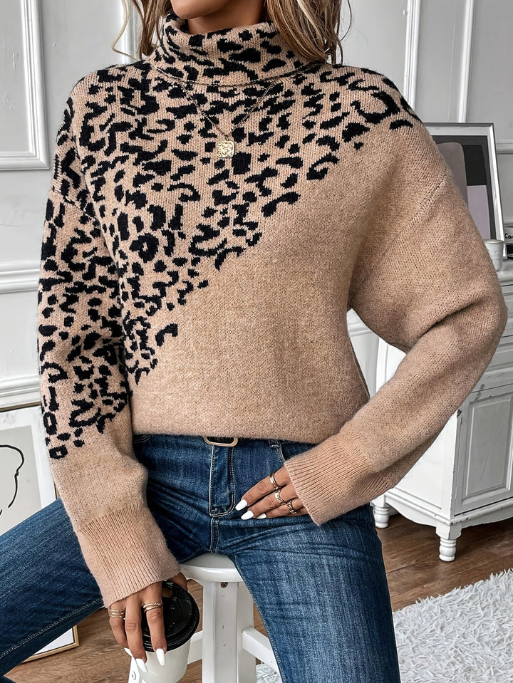 Leopard print mock-neck sweater with tan body, long sleeves, and ribbed hem