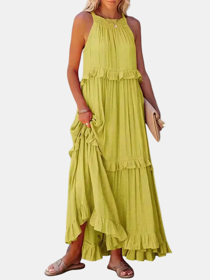 Lime green sleeveless long dress with tiered ruffle hem and gathered neckline